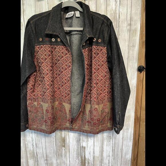 Chico's Design Denim Blazer Jacket Women's Sz 3 Embroidered Beaded Cotton & Wool - Picture 9 of 9